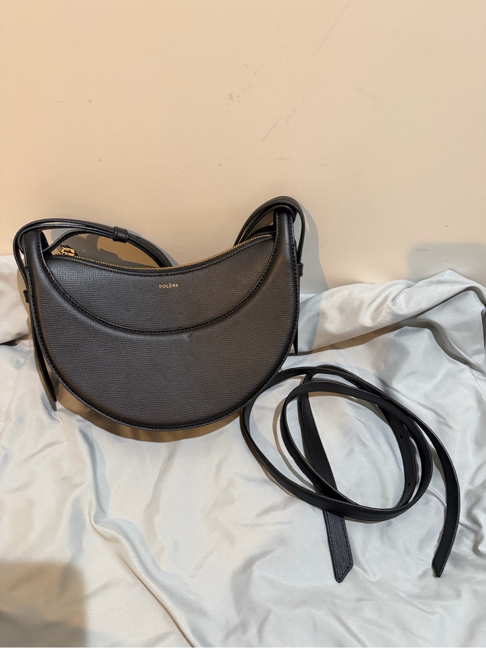 Polene Black Crescent Shoulder Bag with Gold Logo